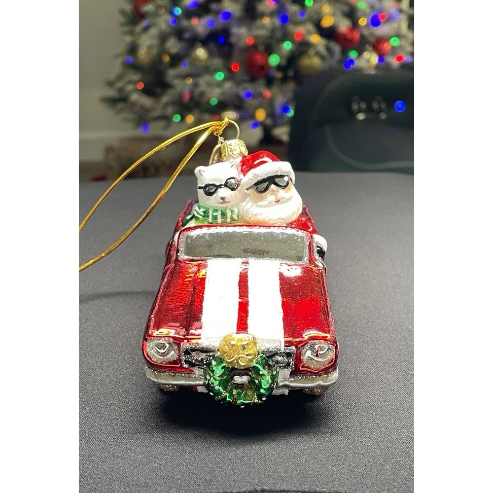 Vintage 1996 Blown Glass Santa & Polar Bear driving Mustang 
Christmas Ornament